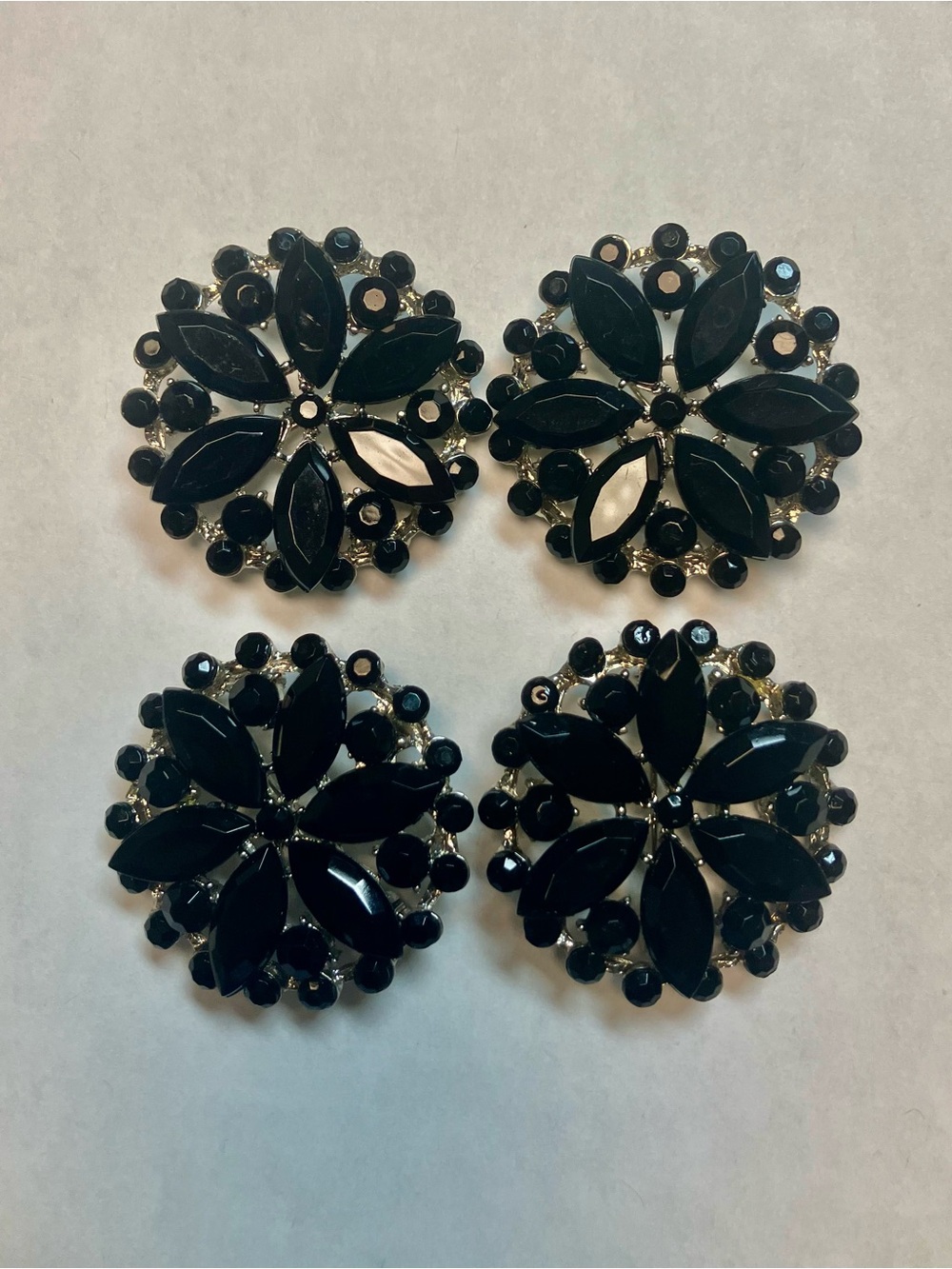 Antique Black Navette Floral Cluster Brooches - Set of 4